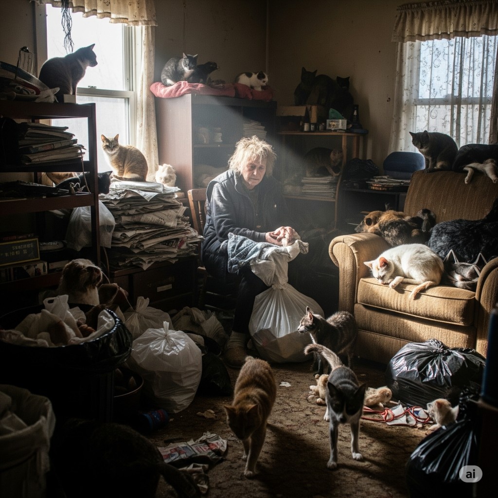 Femme entourée de nombreux chats